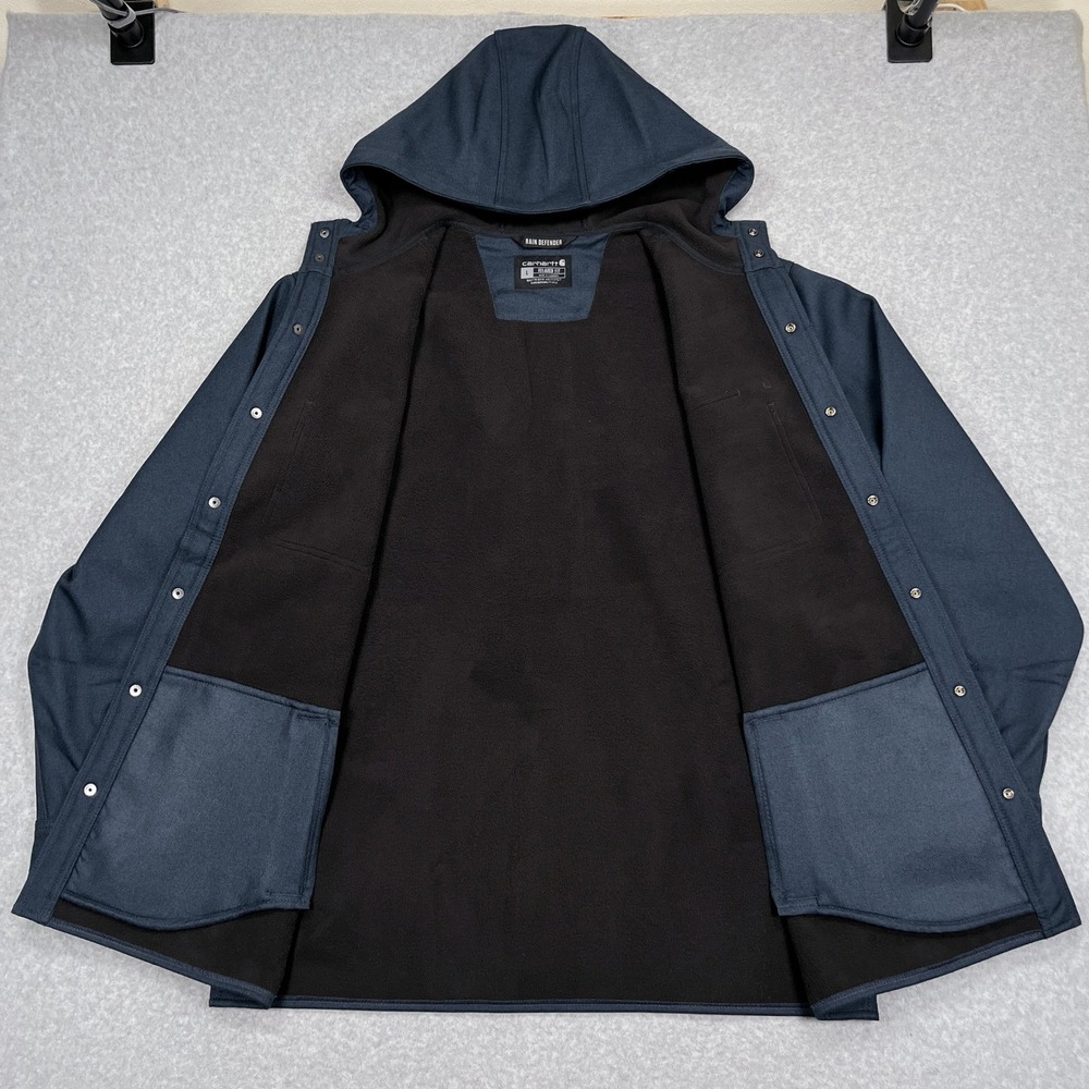 Carhartt Rain Defender Hooded Shirt Jac Mens L Navy Blue Fleece Lined Shacket - Picture 3 of 14